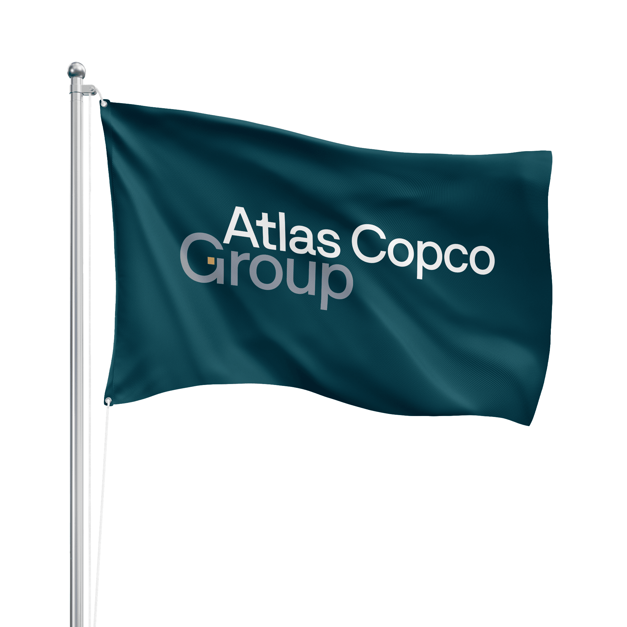 teal flag with white atlas copco group logo