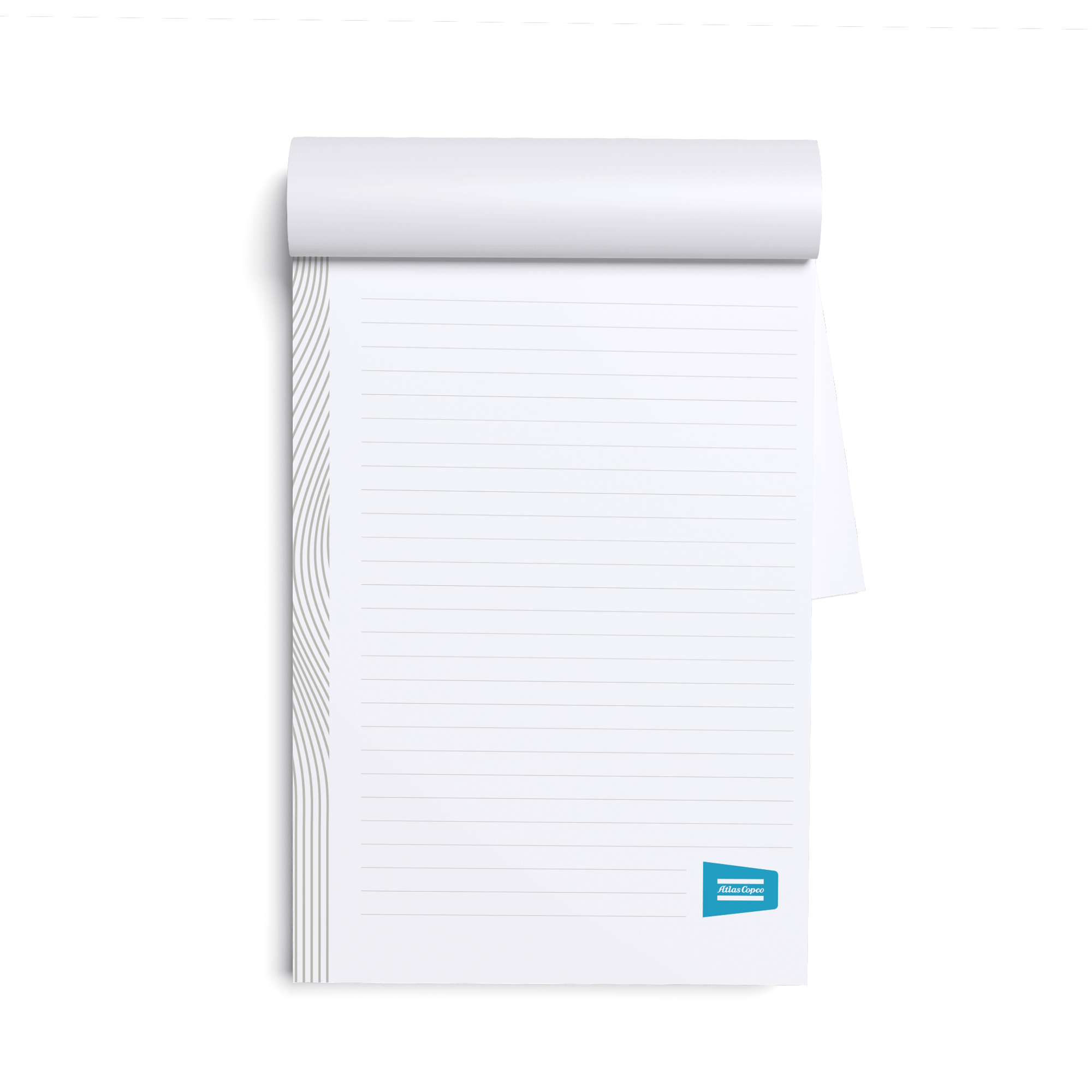 White striped notepad with atlas copco logo