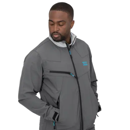 grey soft shell jacket with atlas copco logo in blue