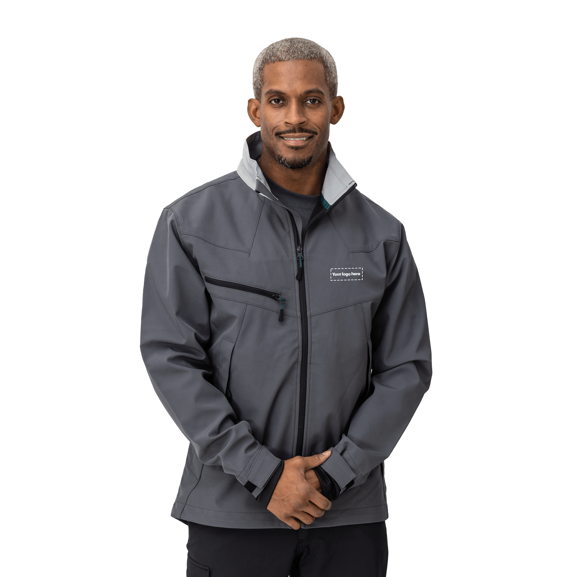 grey work wear jacket on male model