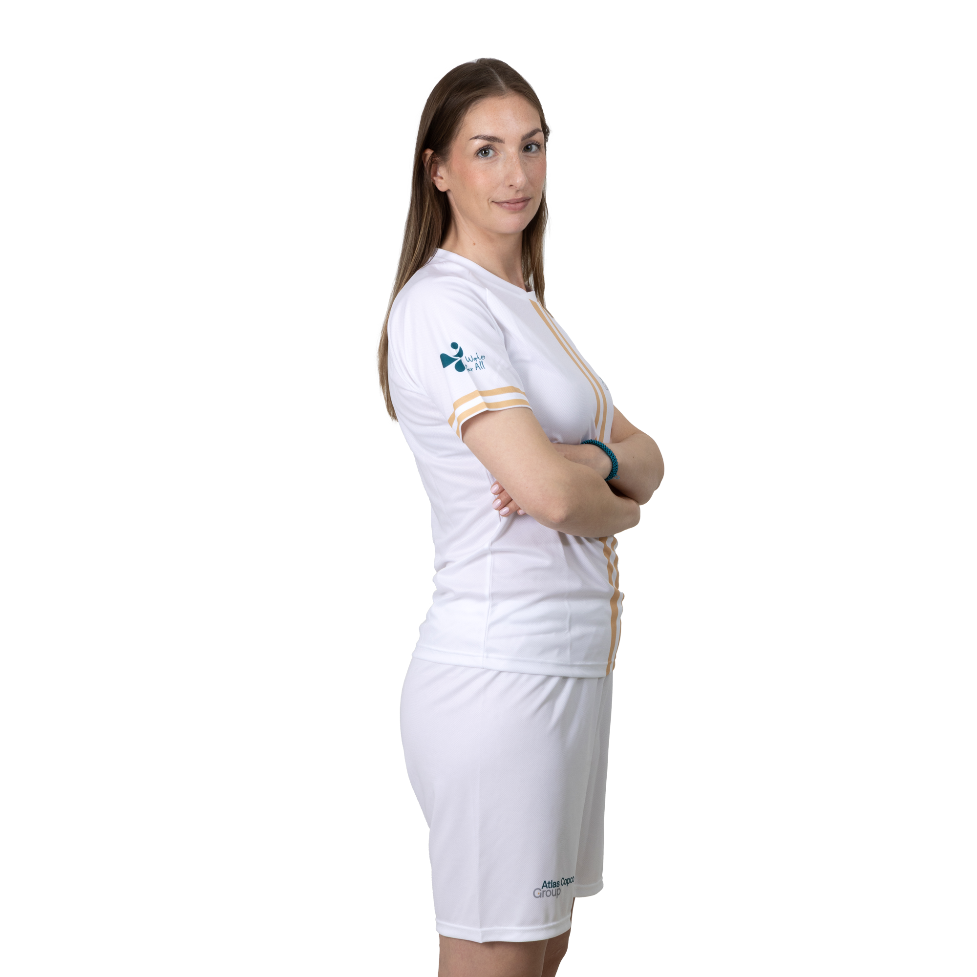 white soccer jersey clothes with atlas copco group logo