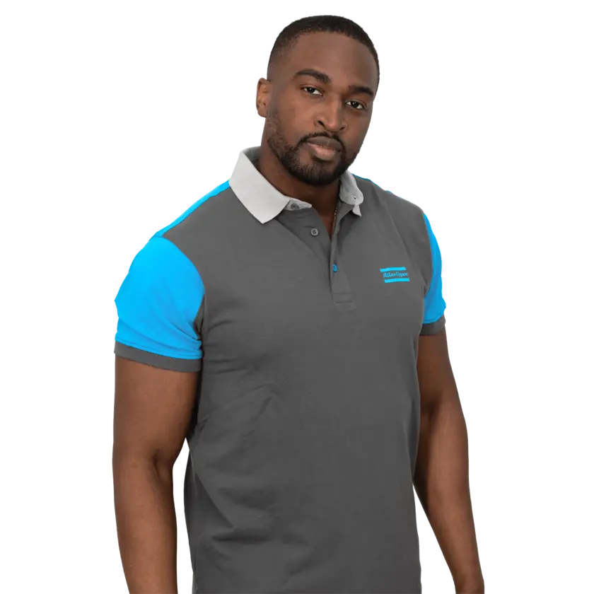 grey polo with blue shoulders and atlas copco logo