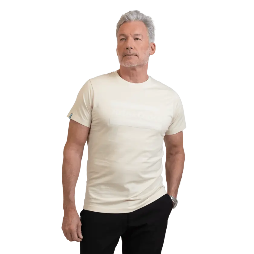 beige tshirt worn by female