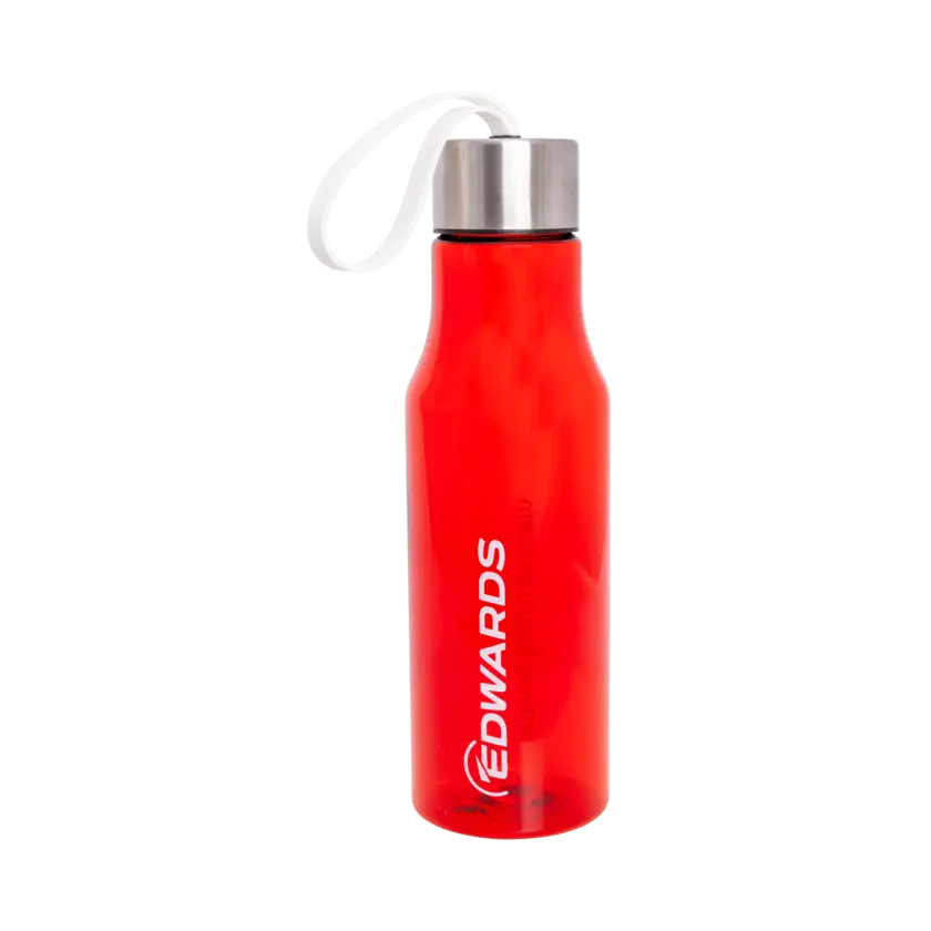 red transparent water bottle with edwards logo