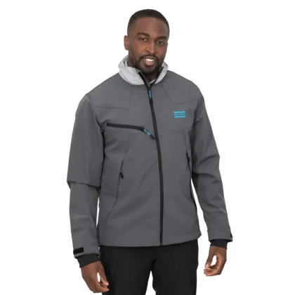 grey soft shell jacket with atlas copco logo in blue