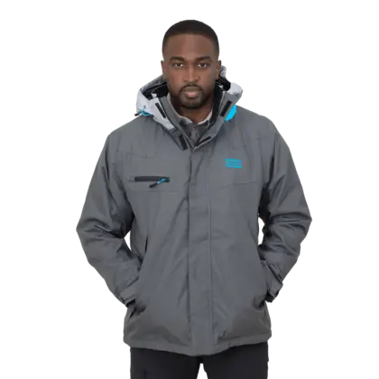 grey winter jacket with atlas copco logo in blue