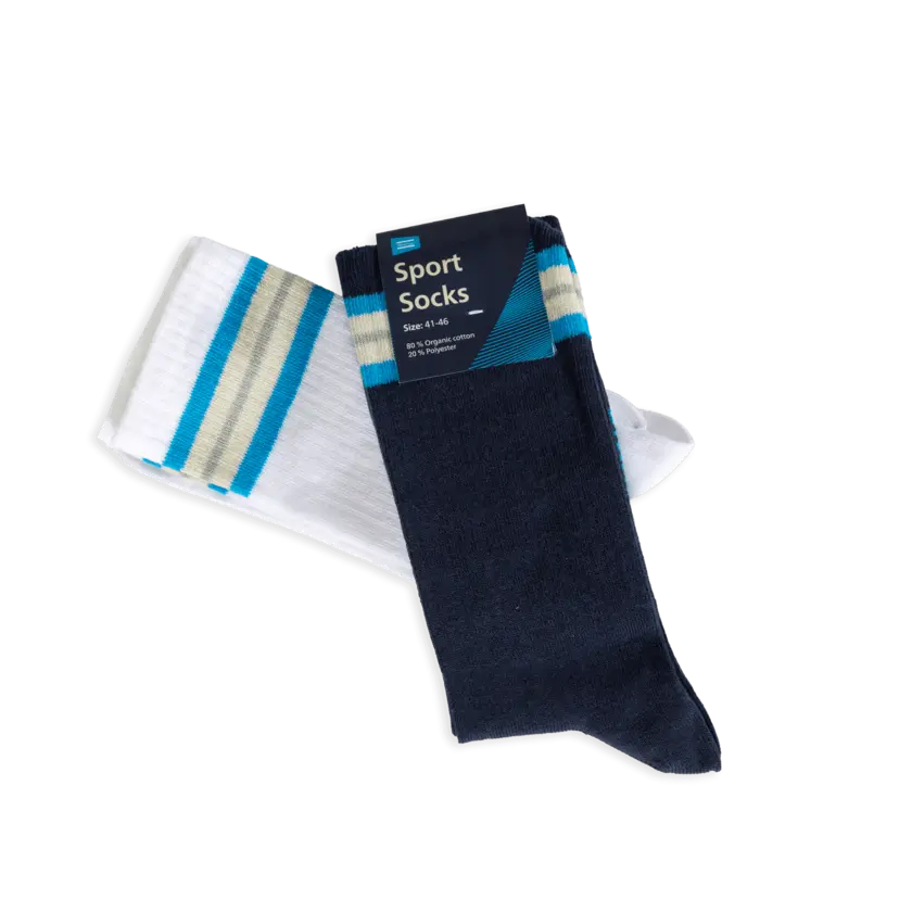 Navy blue and white socks, atlas copco branded