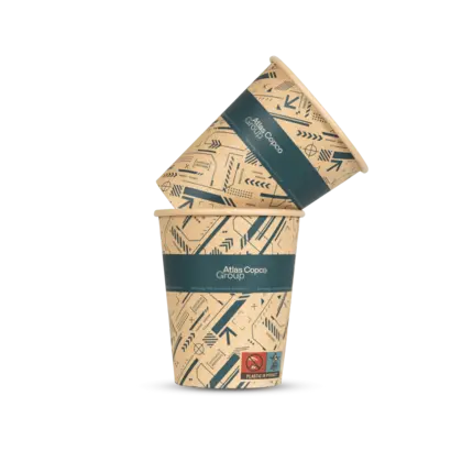 atlas copco group paper cups with teal pattern