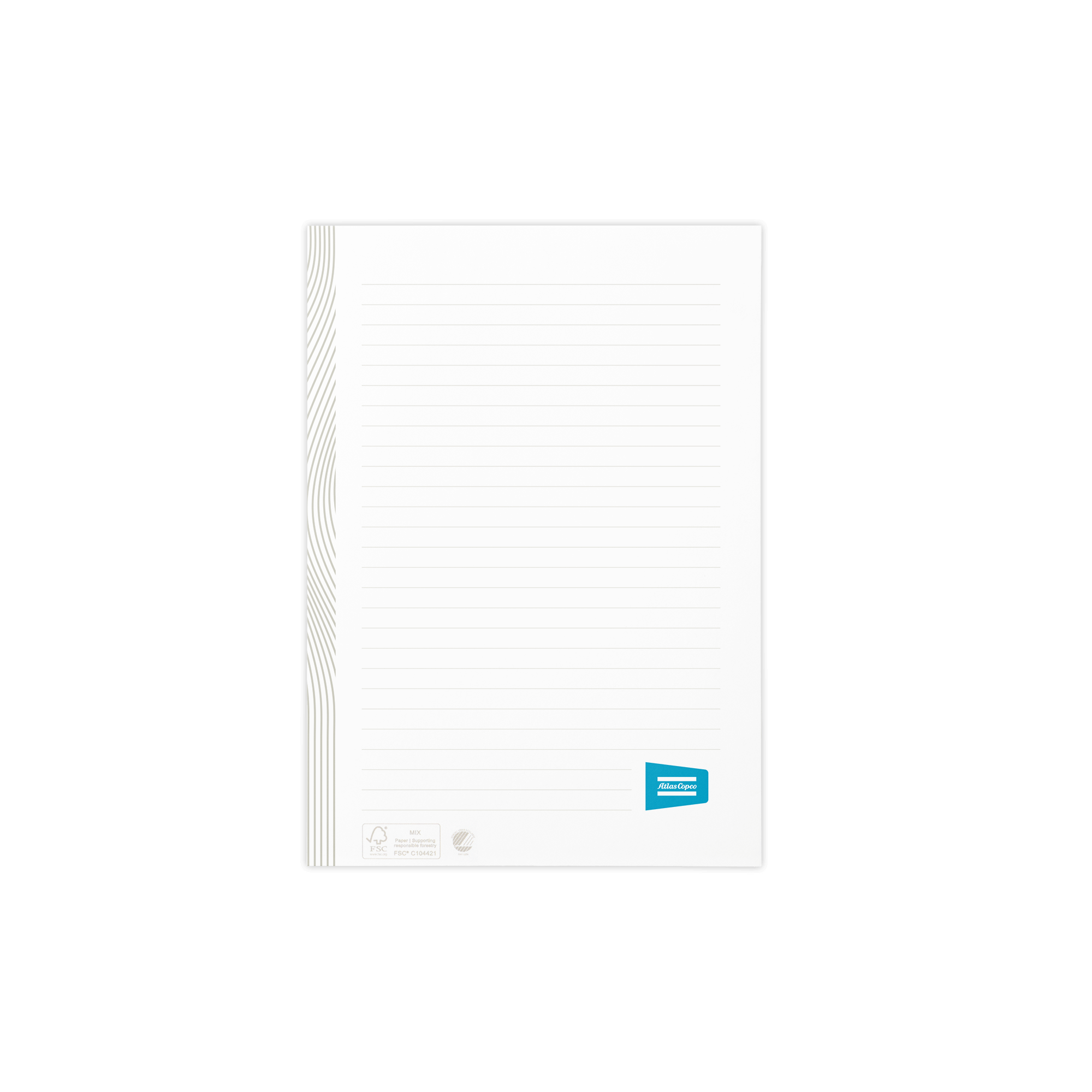 lined notepad with beige pattern and lines and atlas copco logo in blue