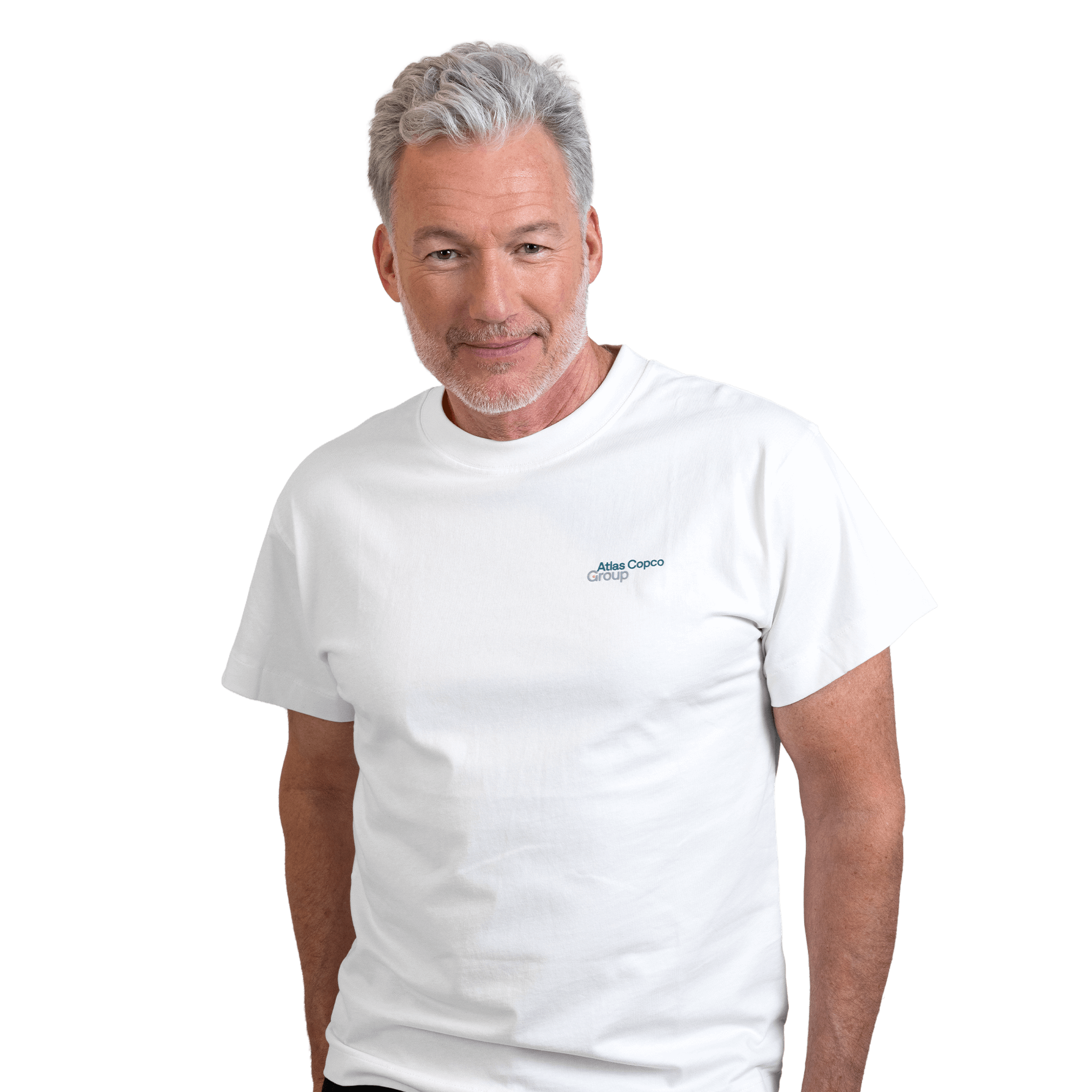 man wearing white tshirt with atlas copco group logo
