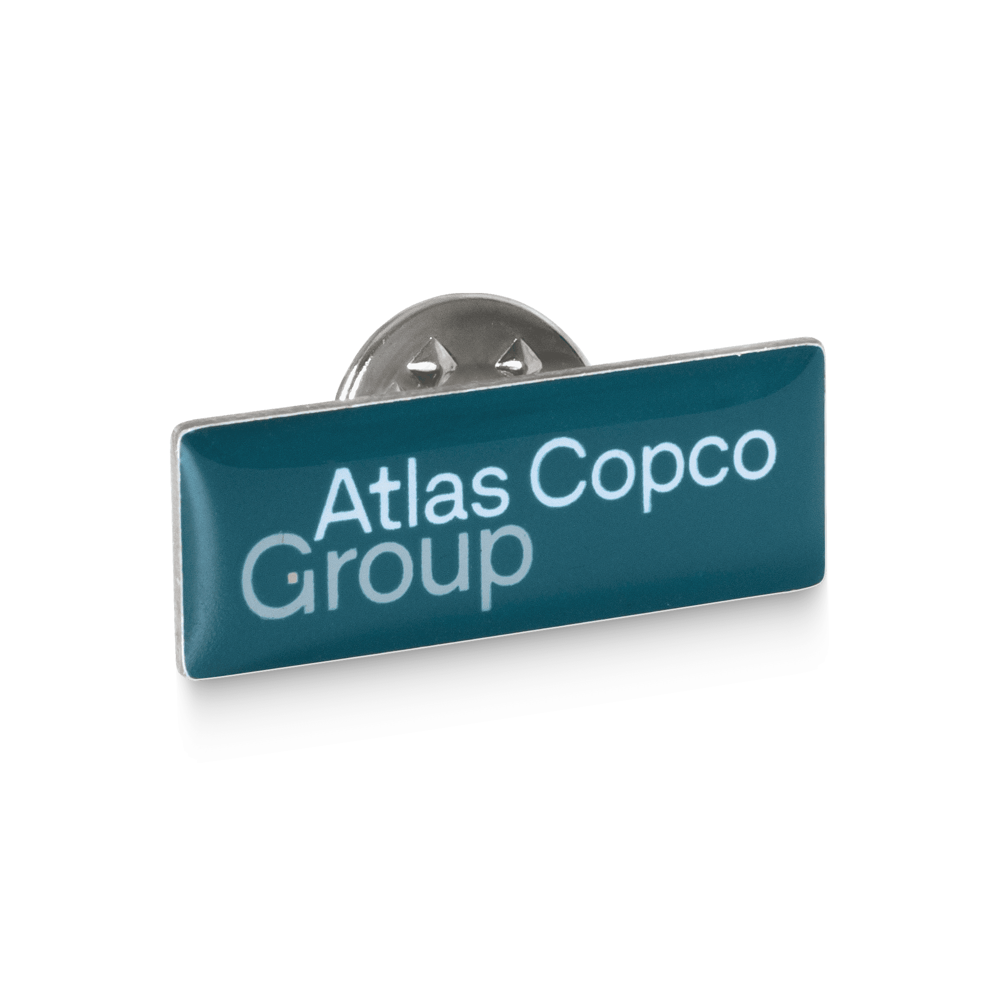 metal pin with atlas copco group logo close up