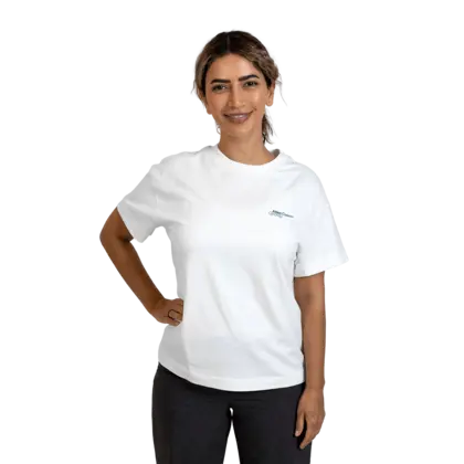 woman wearing white tshirt with atlas copco group logo