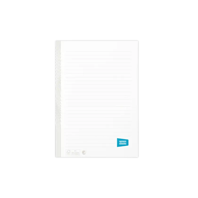 lined notepad with beige pattern and lines and atlas copco logo in blue