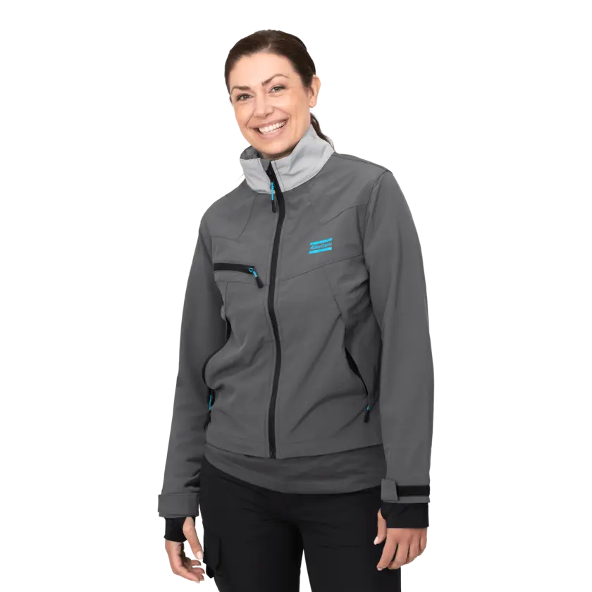 grey soft shell jacket with atlas copco logo in blue