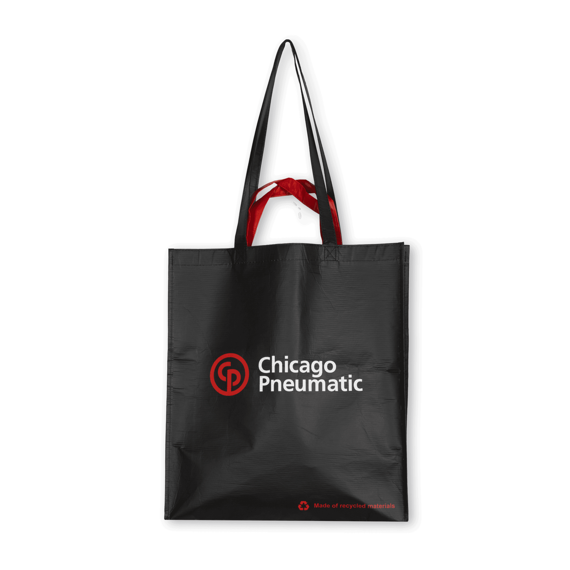 Black totebag with red small handles and a red and white CP logo