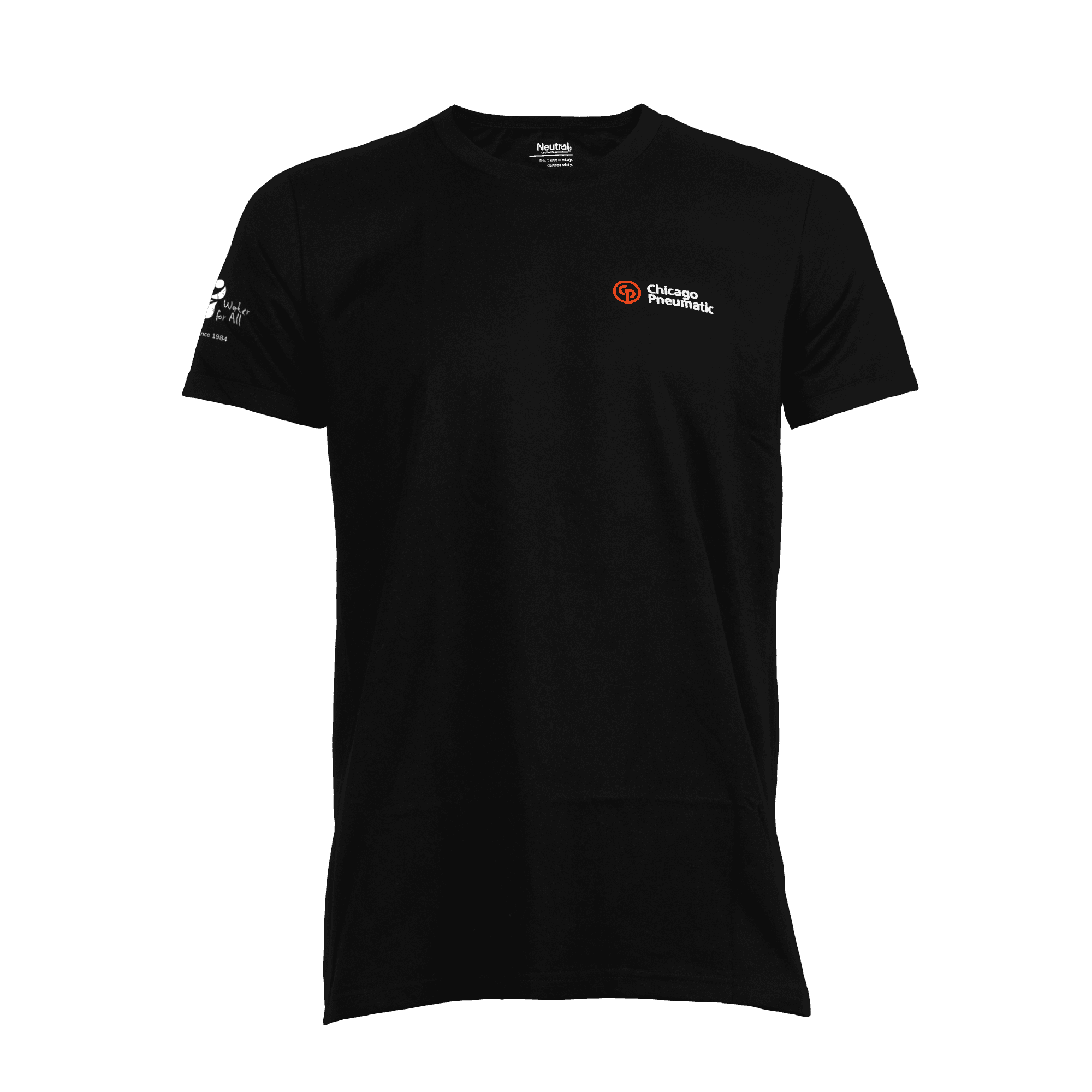 black t-shirt with chicago pneumatic logo in white