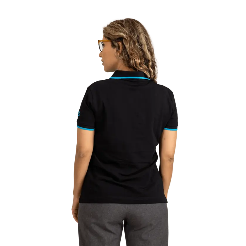 woman wearing black polo shirt with blue details