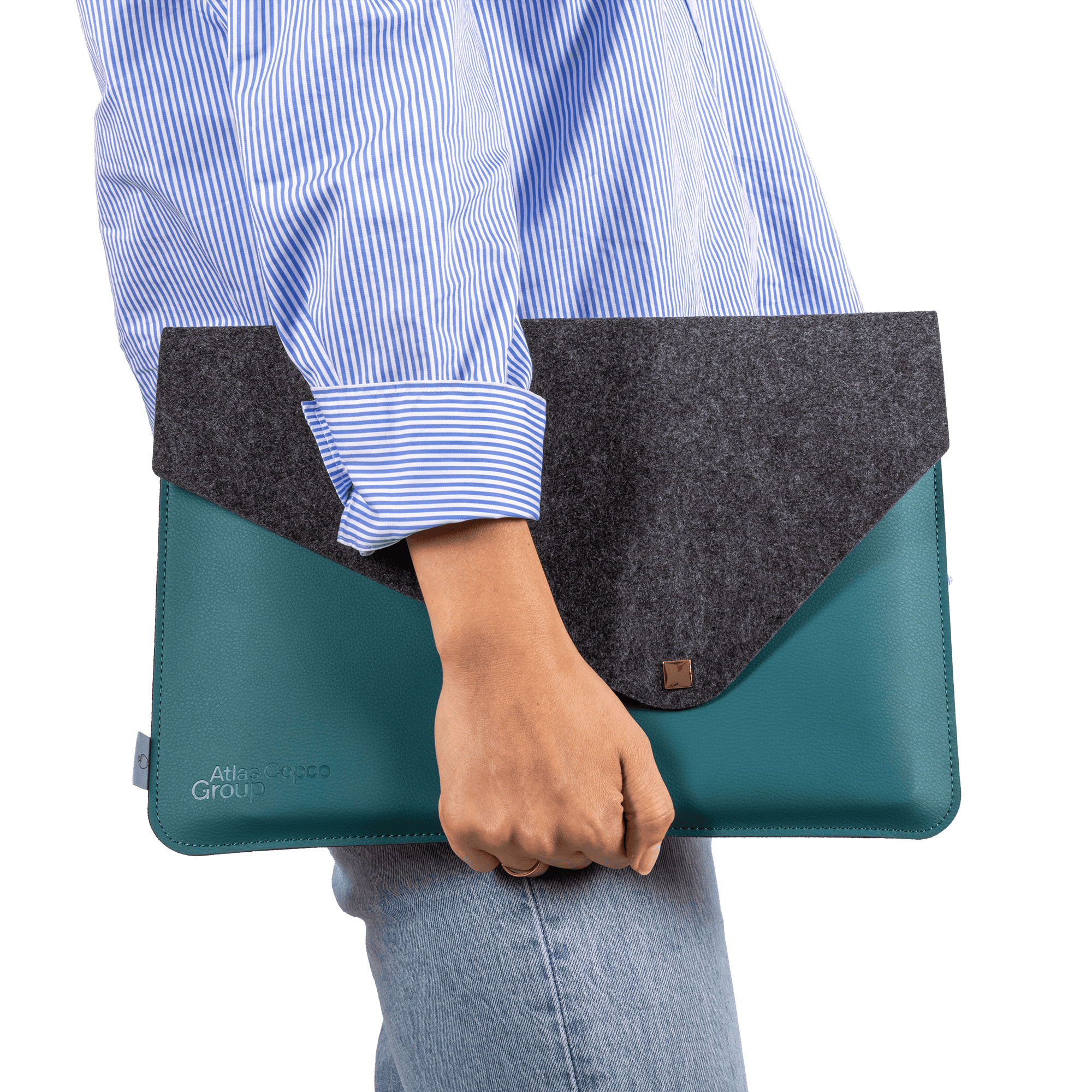Teal laptop sleeve with polyester lid handheld