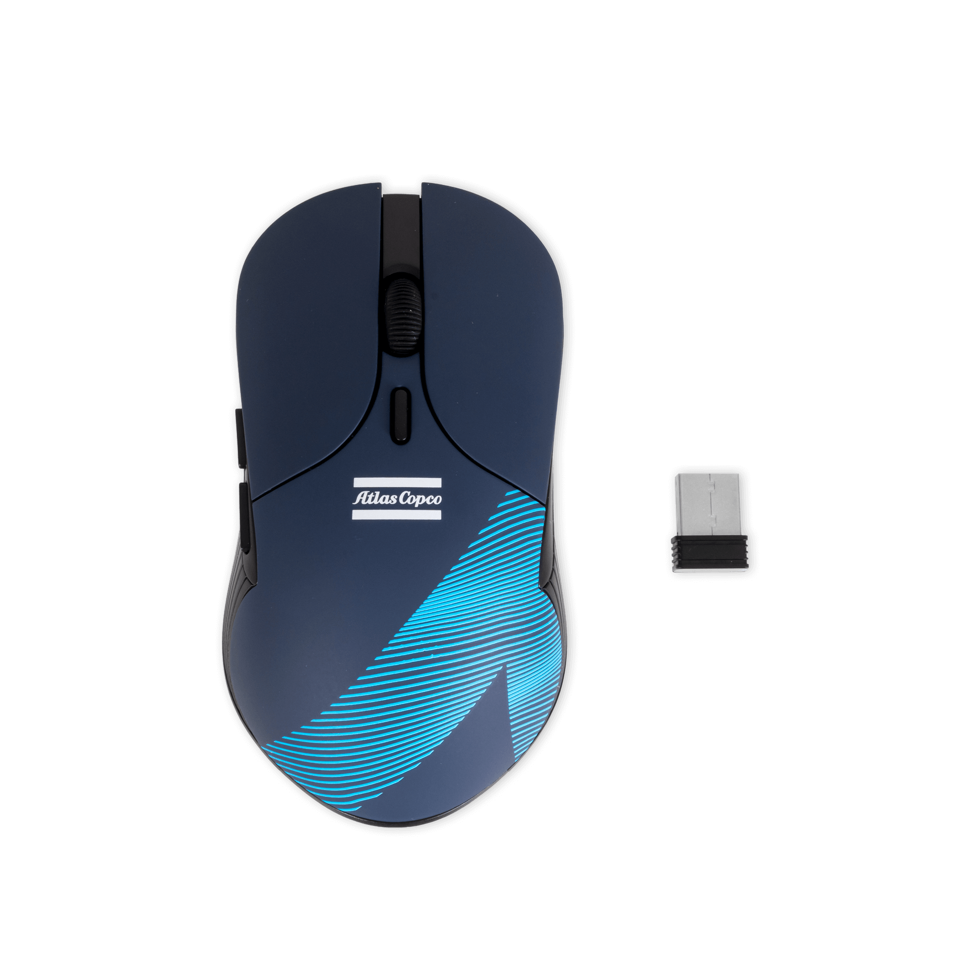 Blue mouse with atlas copco logo and wave pattern