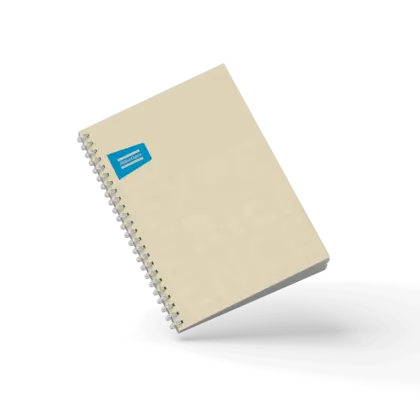 beige notebook with atlas copco logo and brand promise in beige embossed text