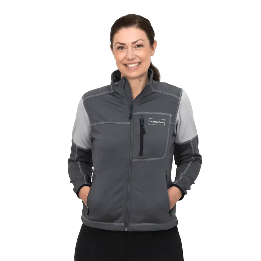 grey work fleece on female model