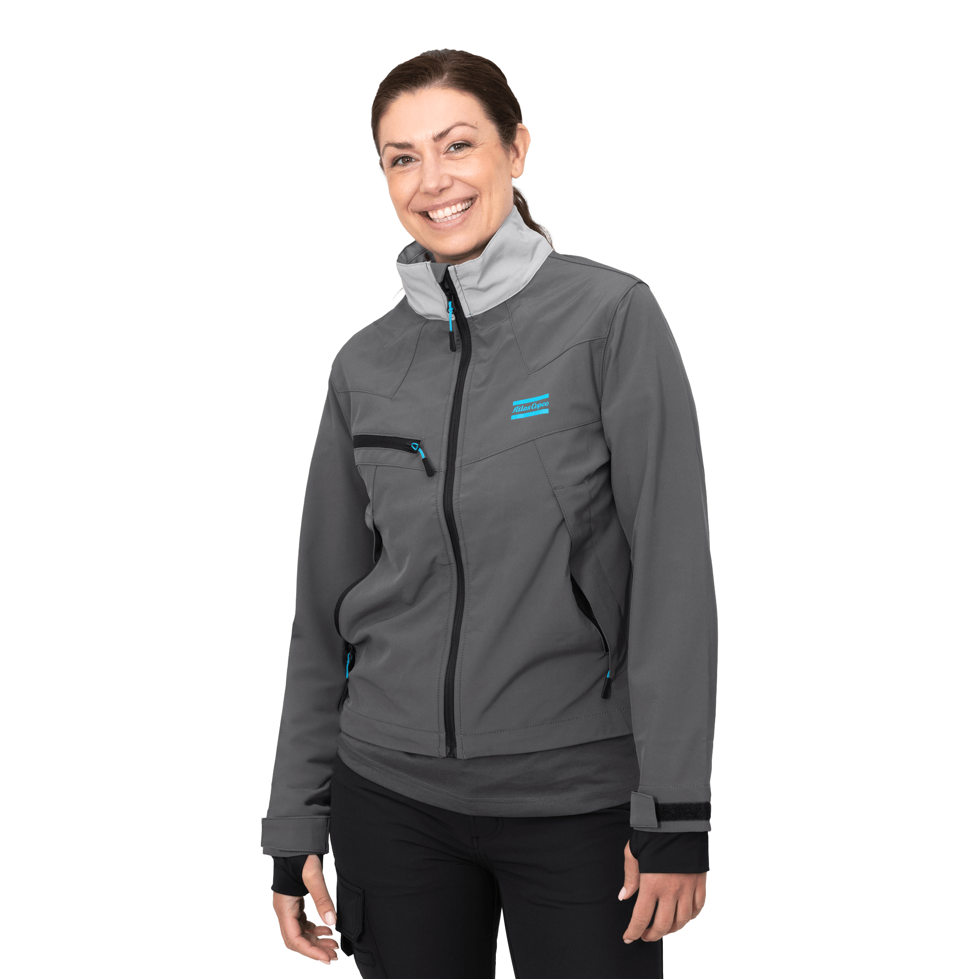 grey soft shell jacket with atlas copco logo in blue