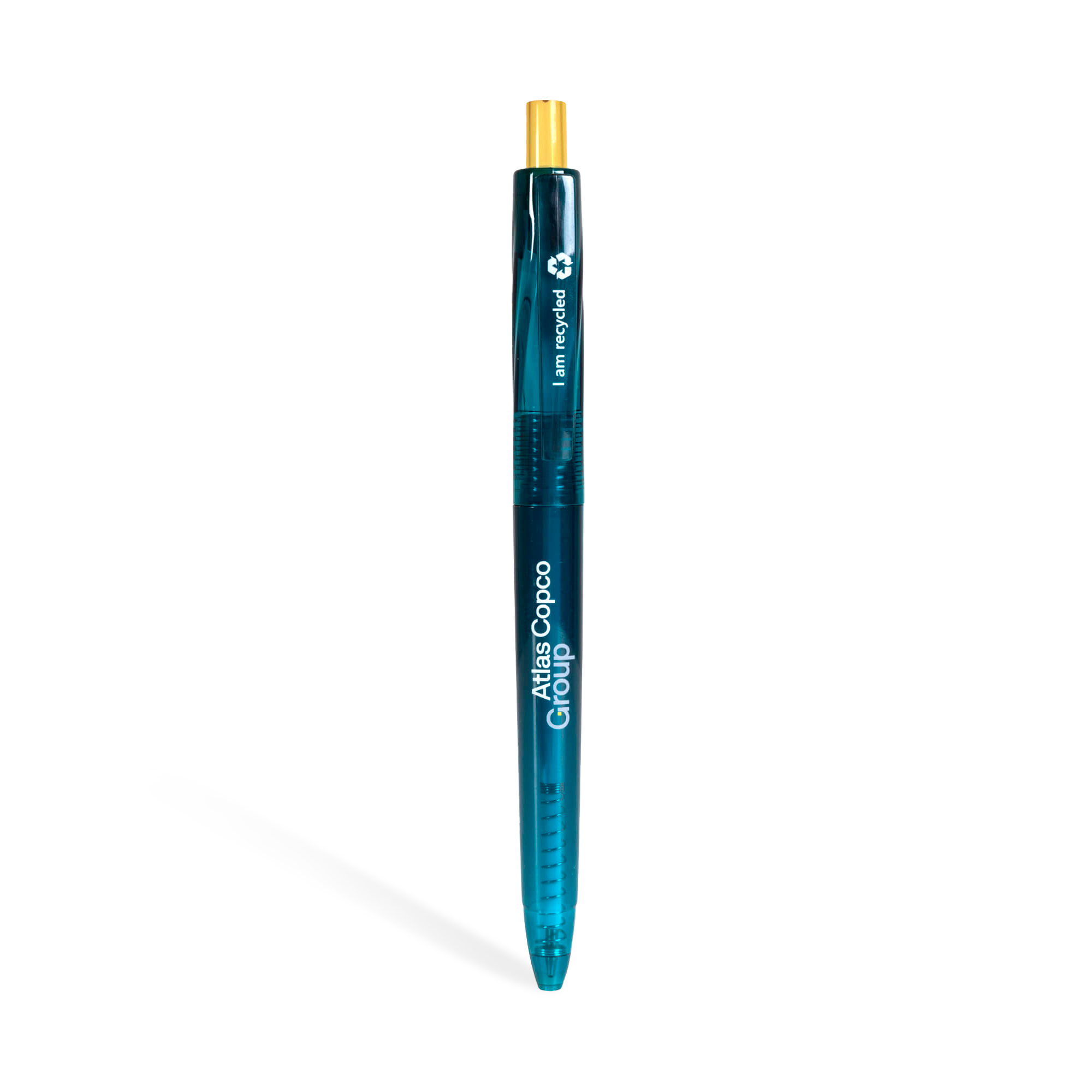 teal pen with atlas copco group logo in white