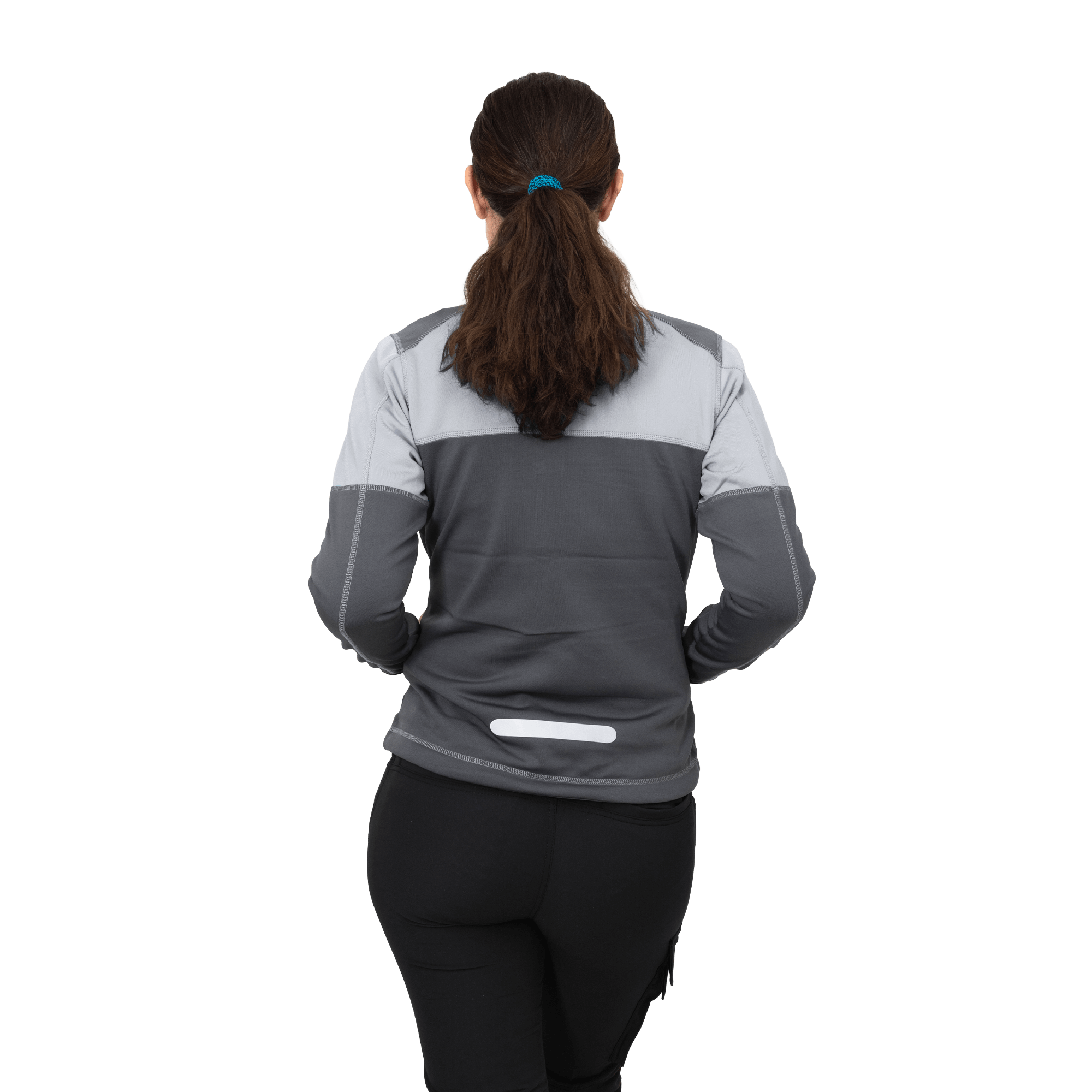 grey work fleece on female model from back