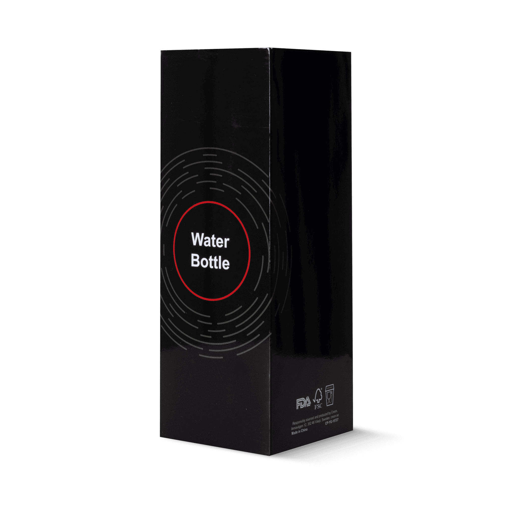 CP waterbottle in transparent black color with a red CP logo with ripples around it.