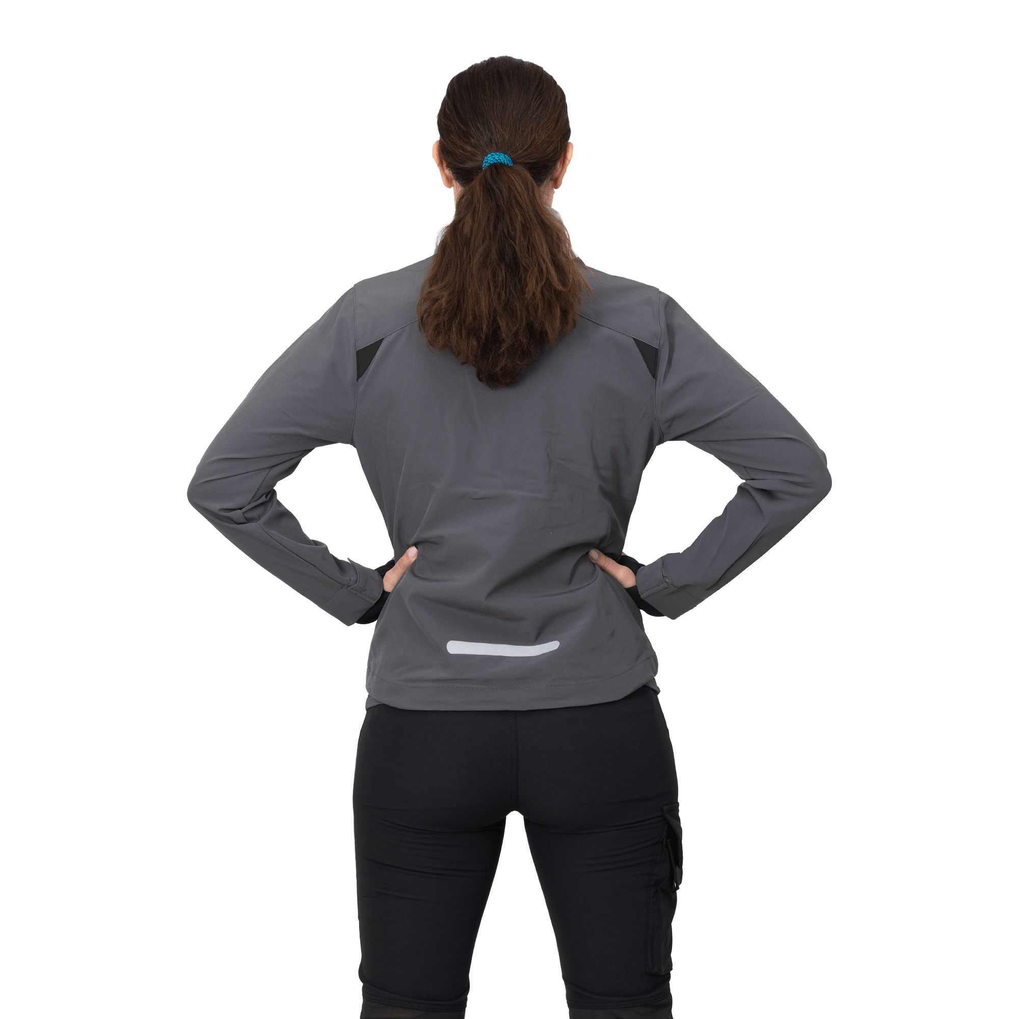 grey work wear jacket on female model from back