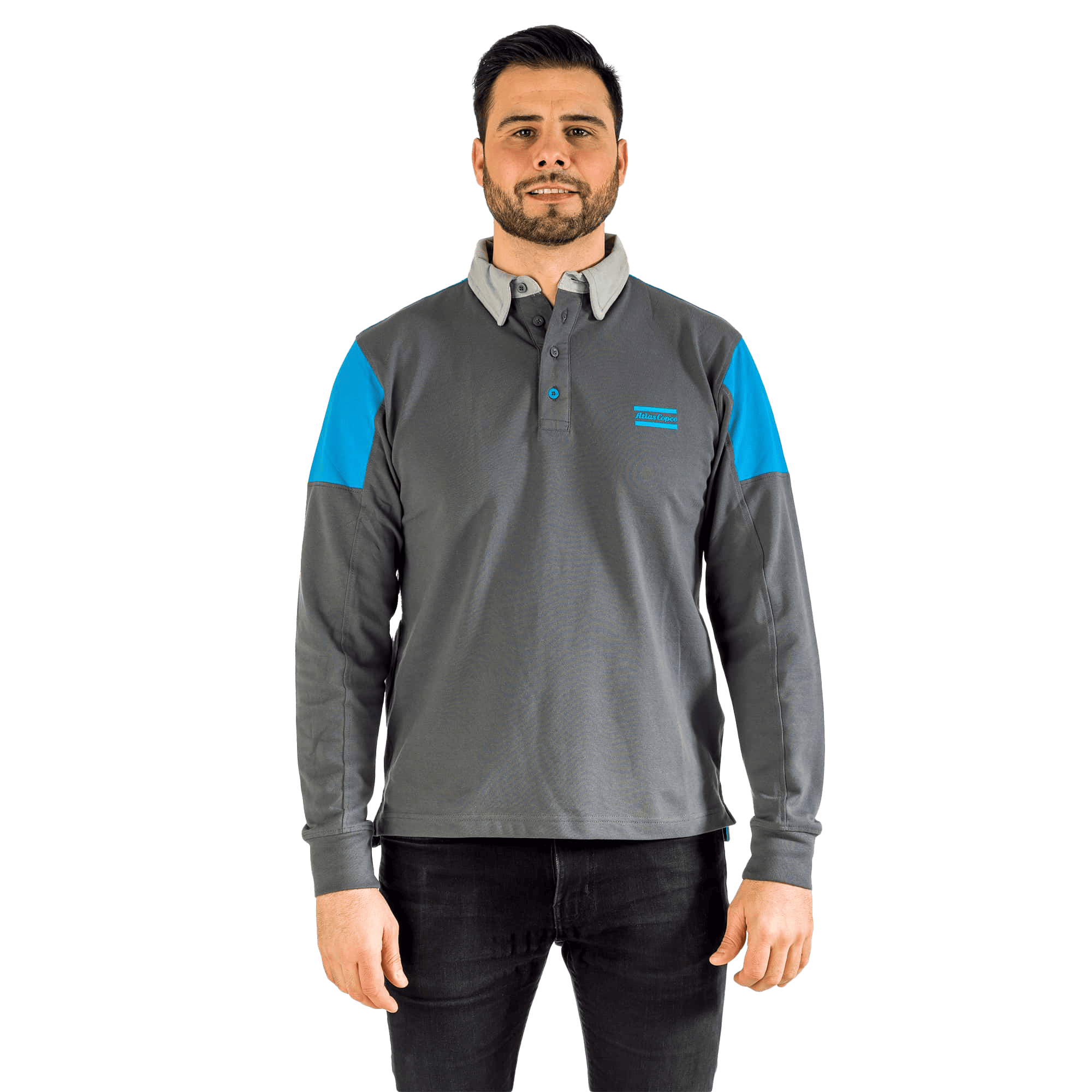 grey polo with blue shoulders and atlas copco logo