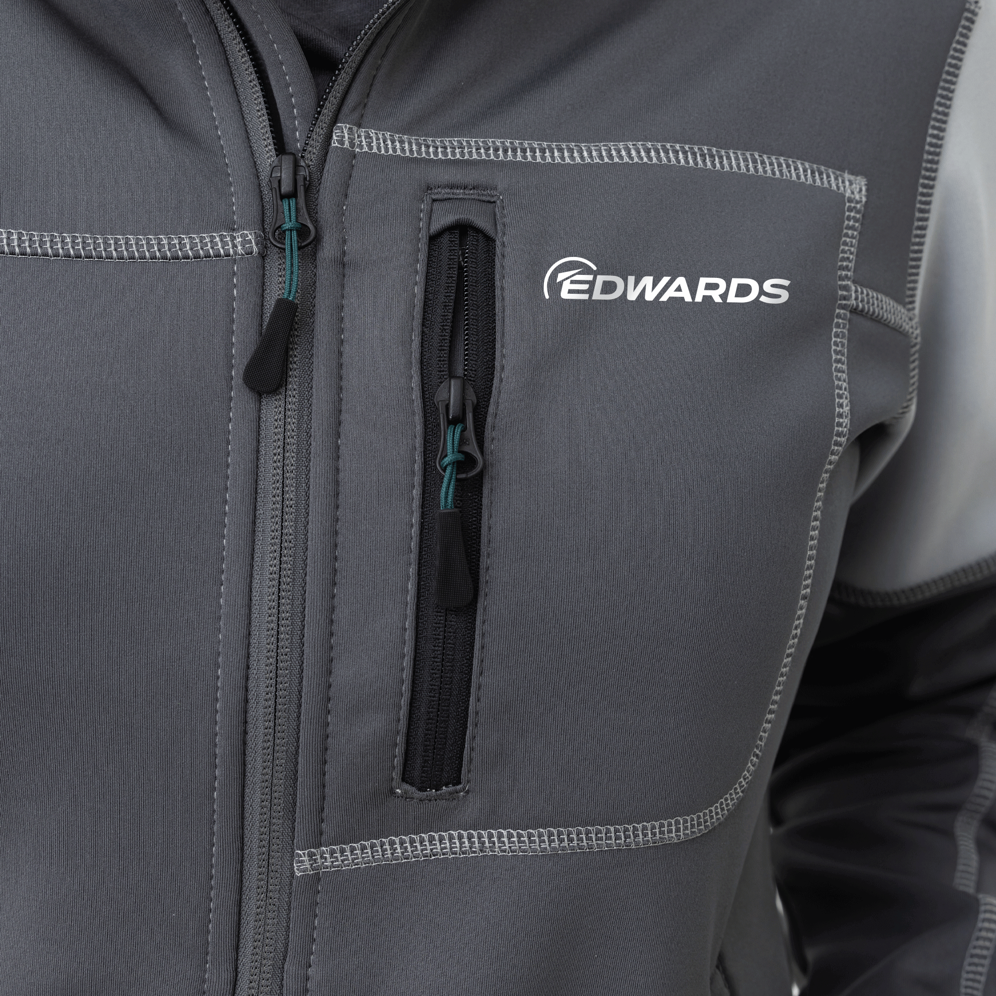 grey work fleece close up with edwards logo