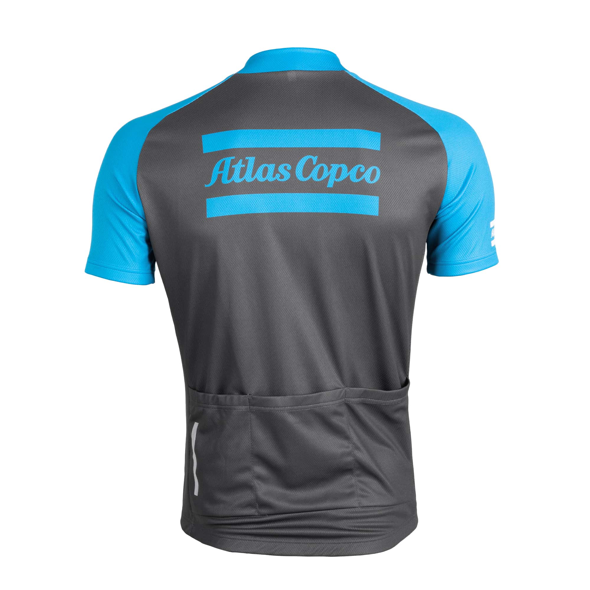 grey bike shirt with blue sleeves and logo