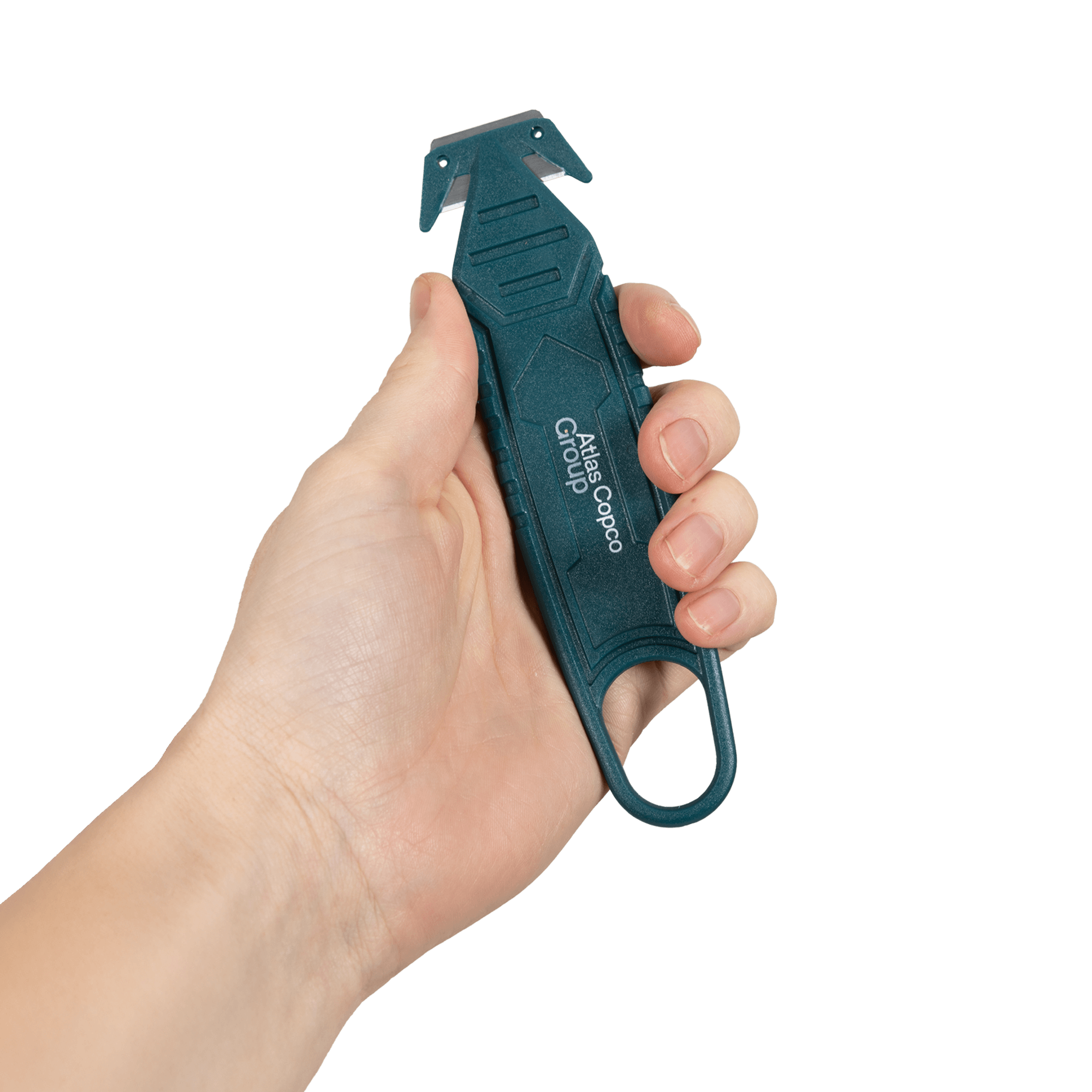safety knife with atlas copco group logo in hand