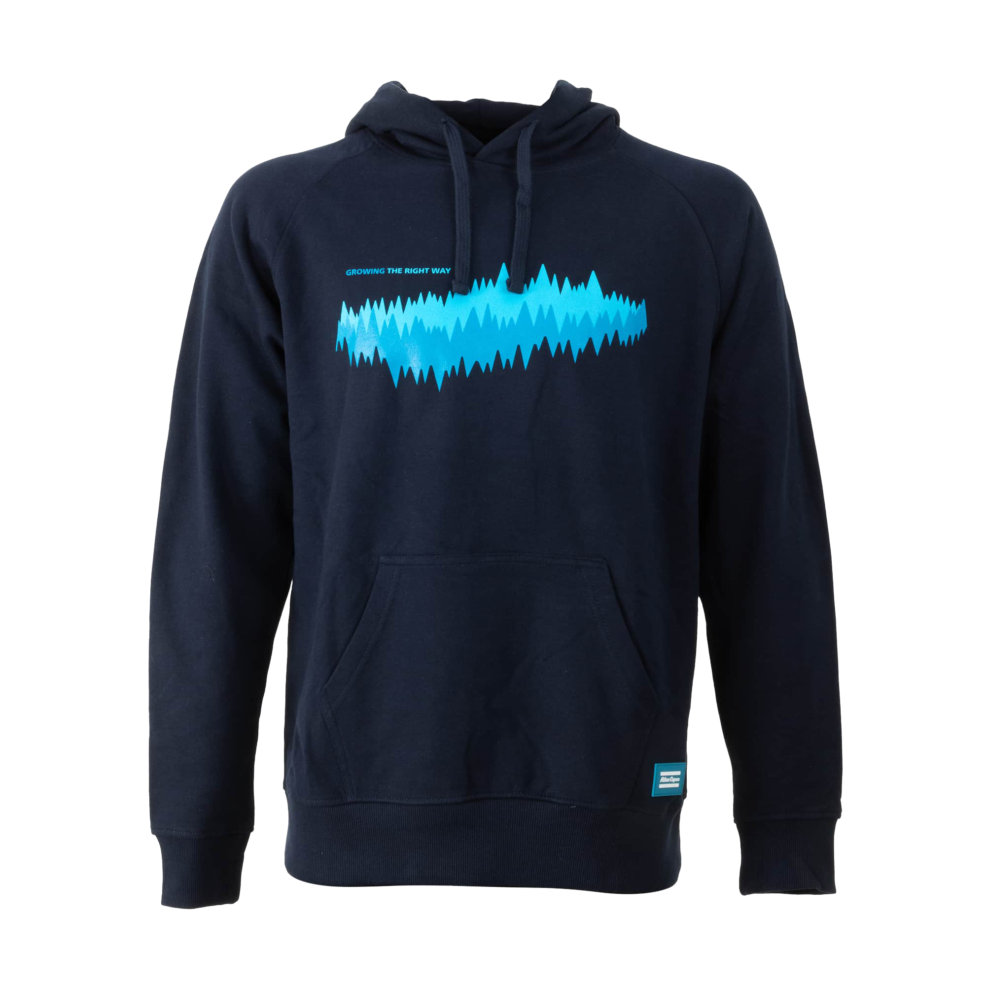 navy hoodie with gtrw pattern and atlas copco box logo