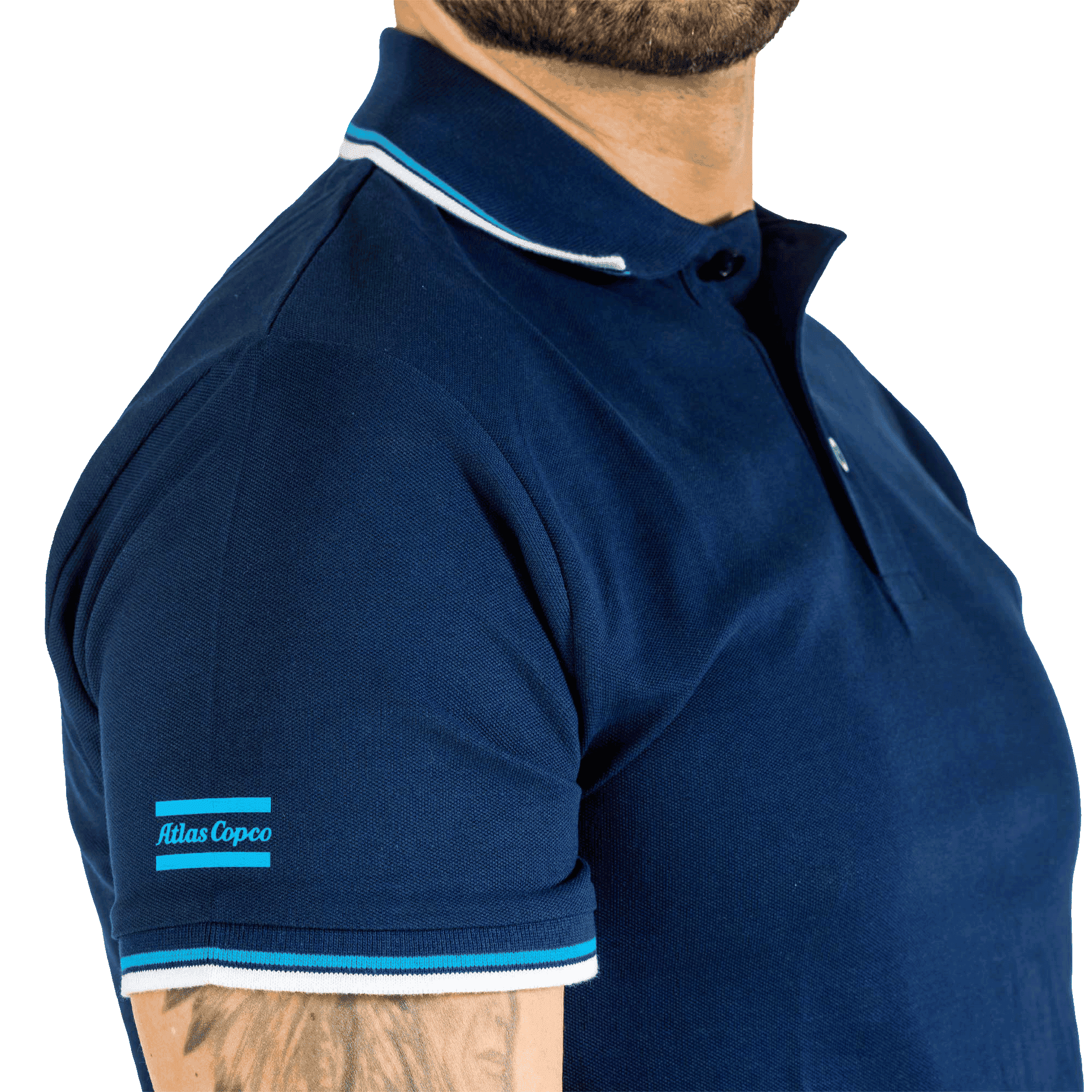 blue polo with atlas copco logo on right arm