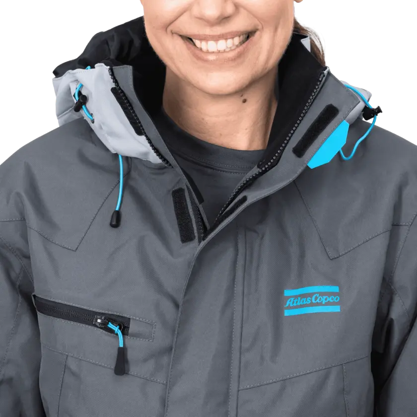 grey winter jacket zippers and velcro