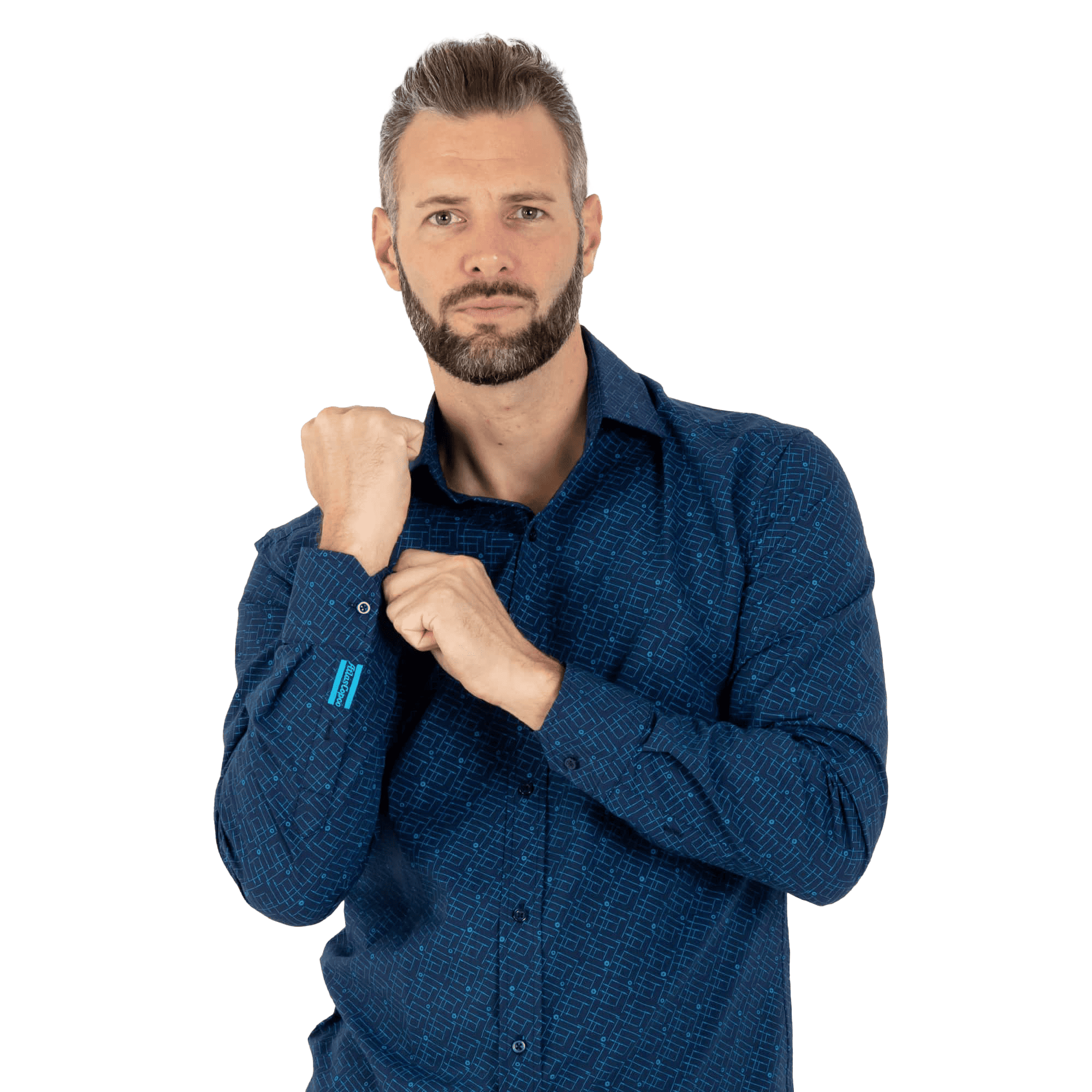 blue business shirt with blueprint pattern and atlas copco logo on sleeve