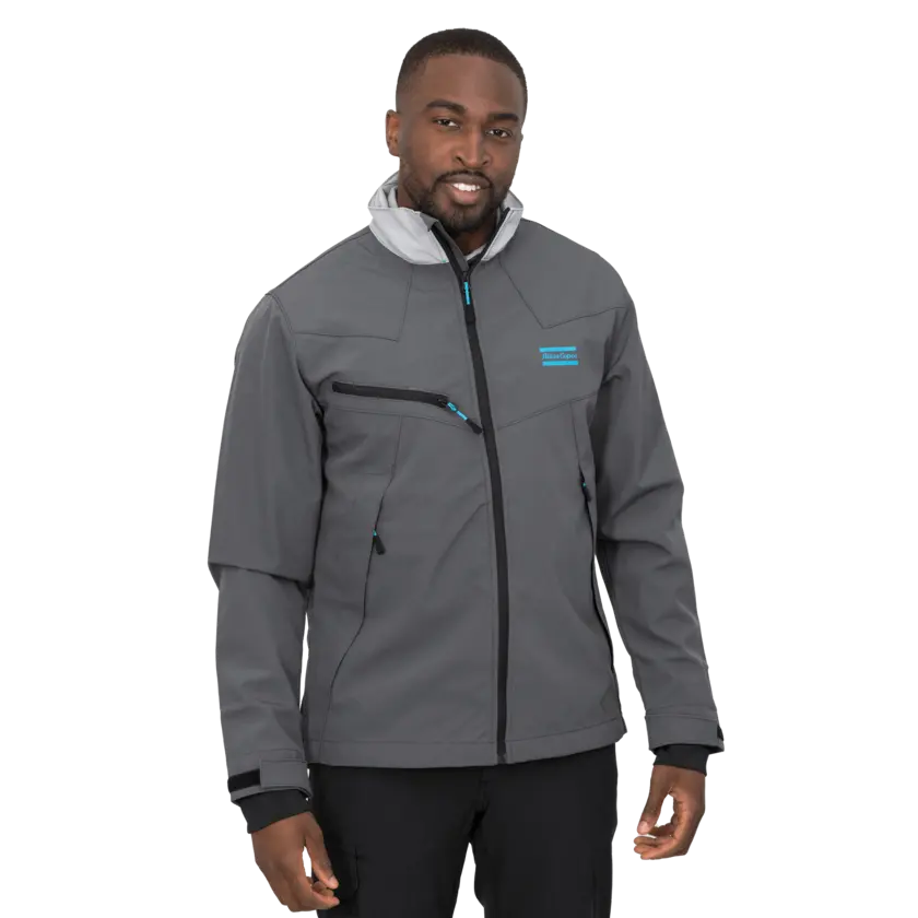 grey soft shell jacket with atlas copco logo in blue