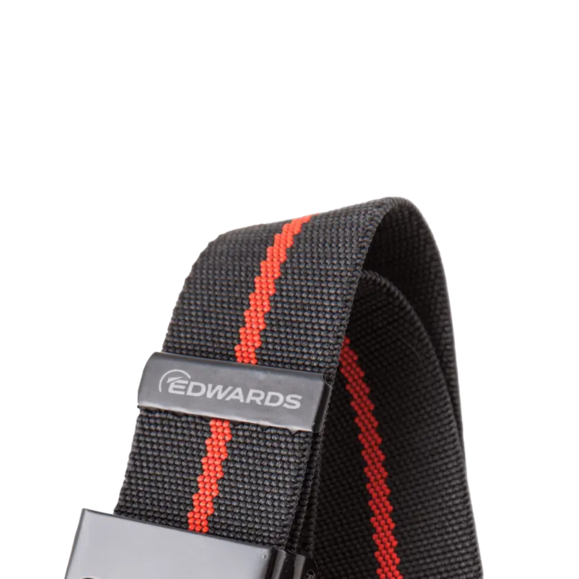 Black edwards belt with embossed logo and engraved end