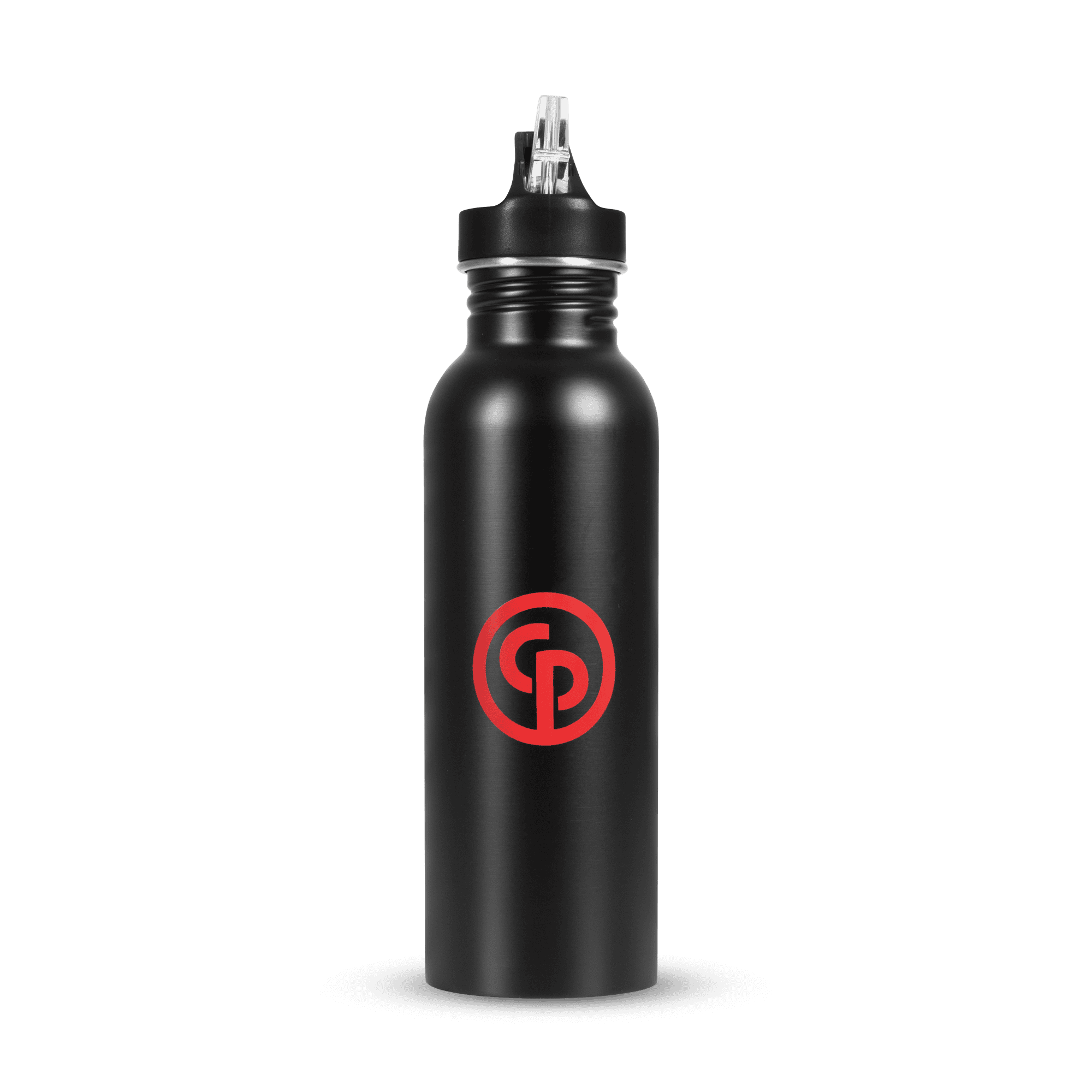 black water bottle with chicago pneumatic logo in red