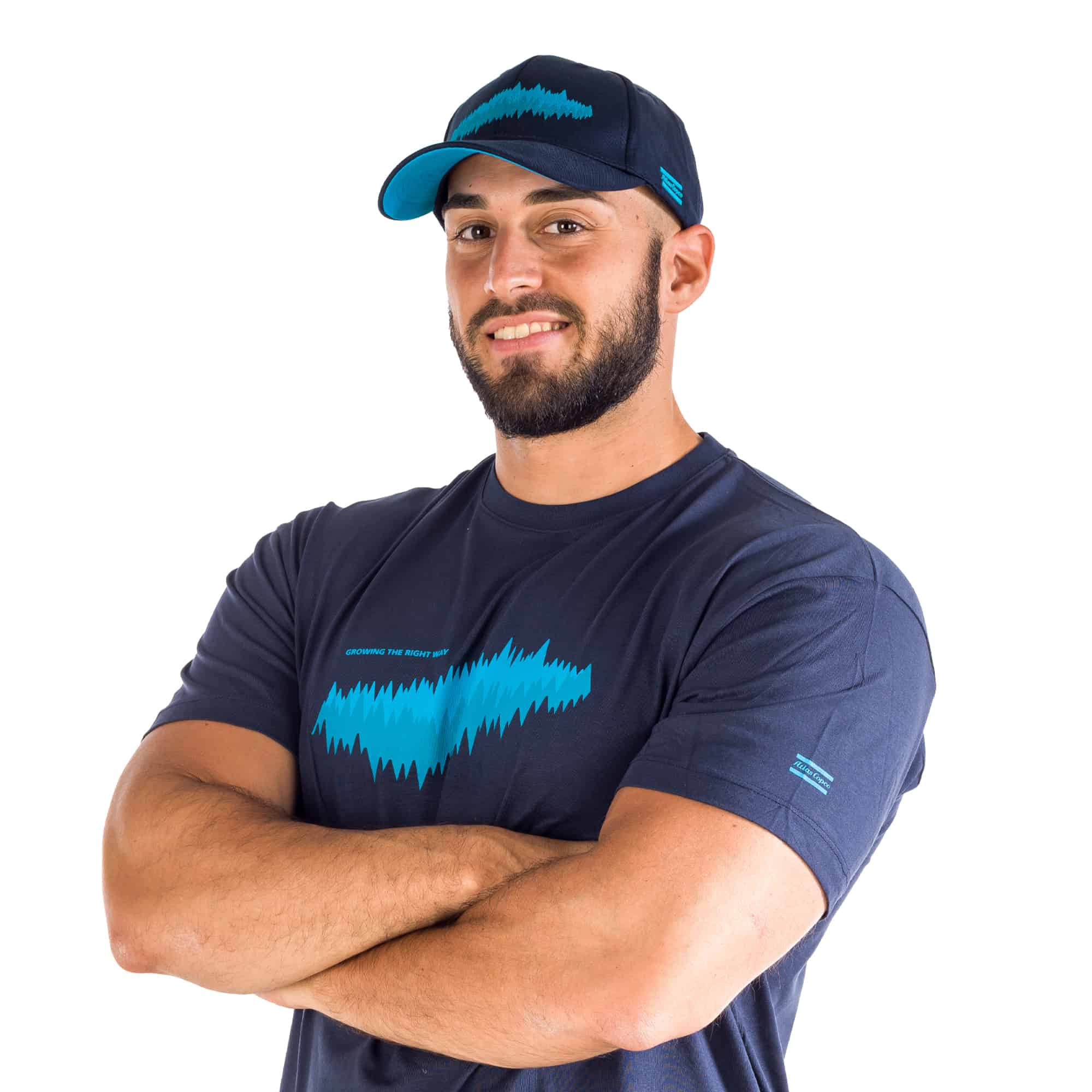 navy cap with gtrw pattern and atlas copco logo on male model