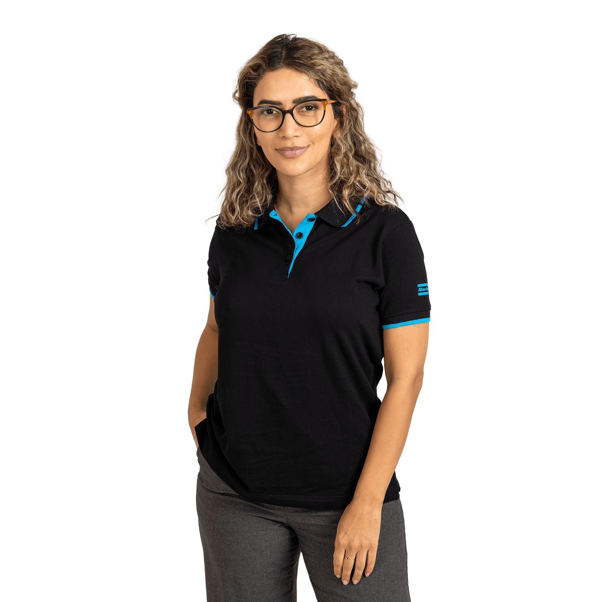 woman wearing black polo shirt with blue details