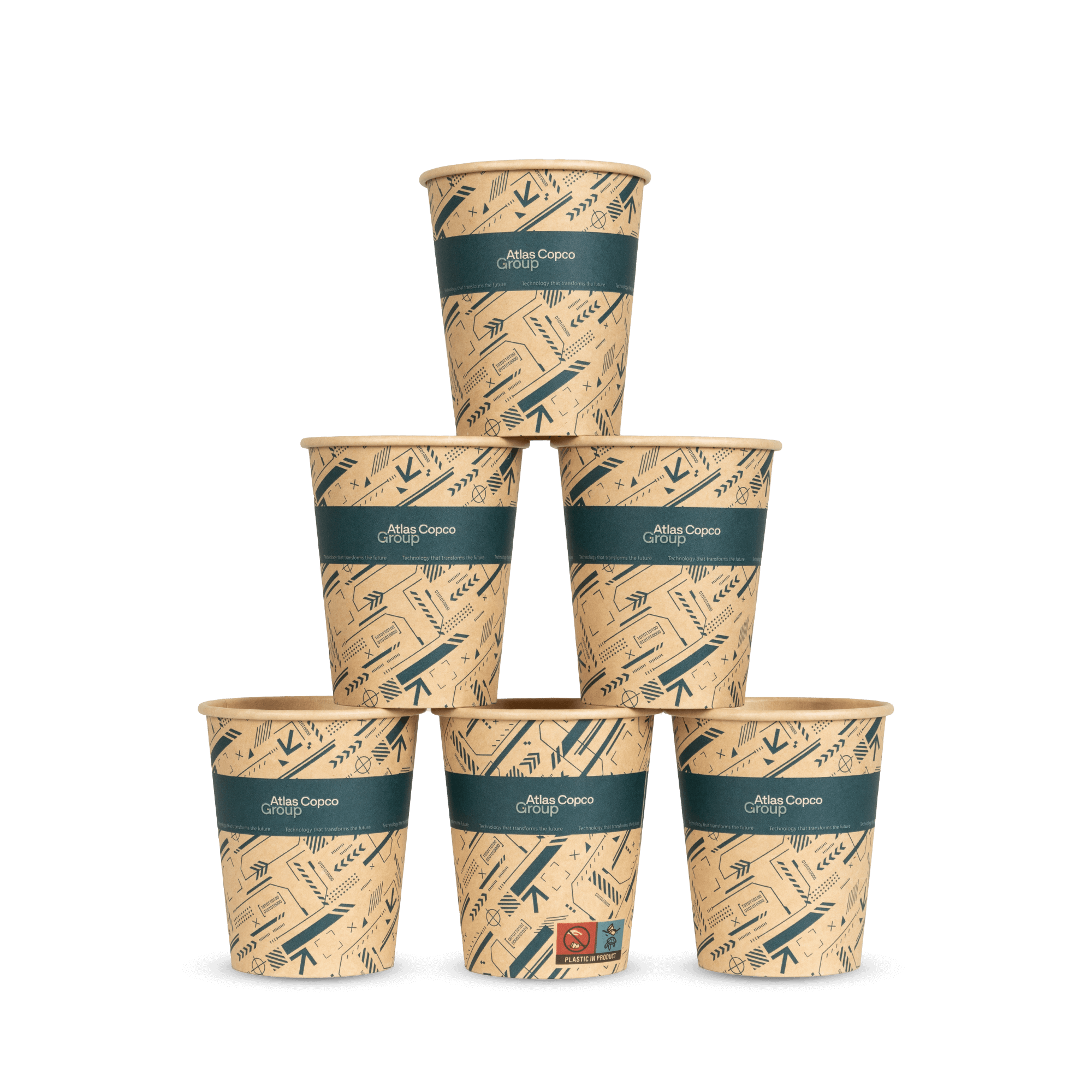 atlas copco group paper cups with teal pattern