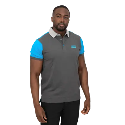 grey polo with blue shoulders and atlas copco logo
