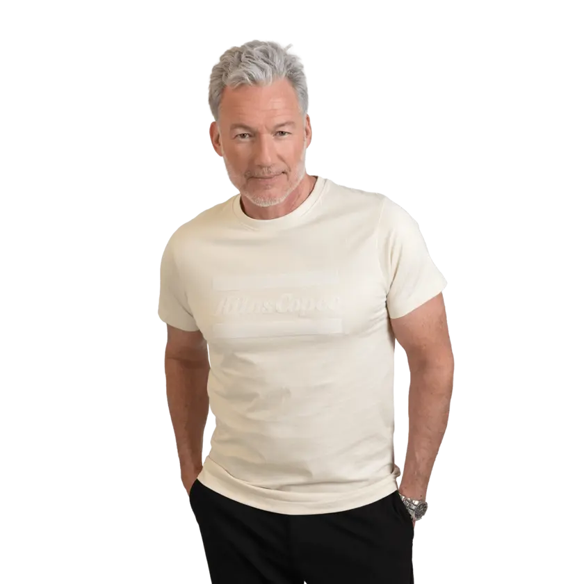 beige tshirt worn by female