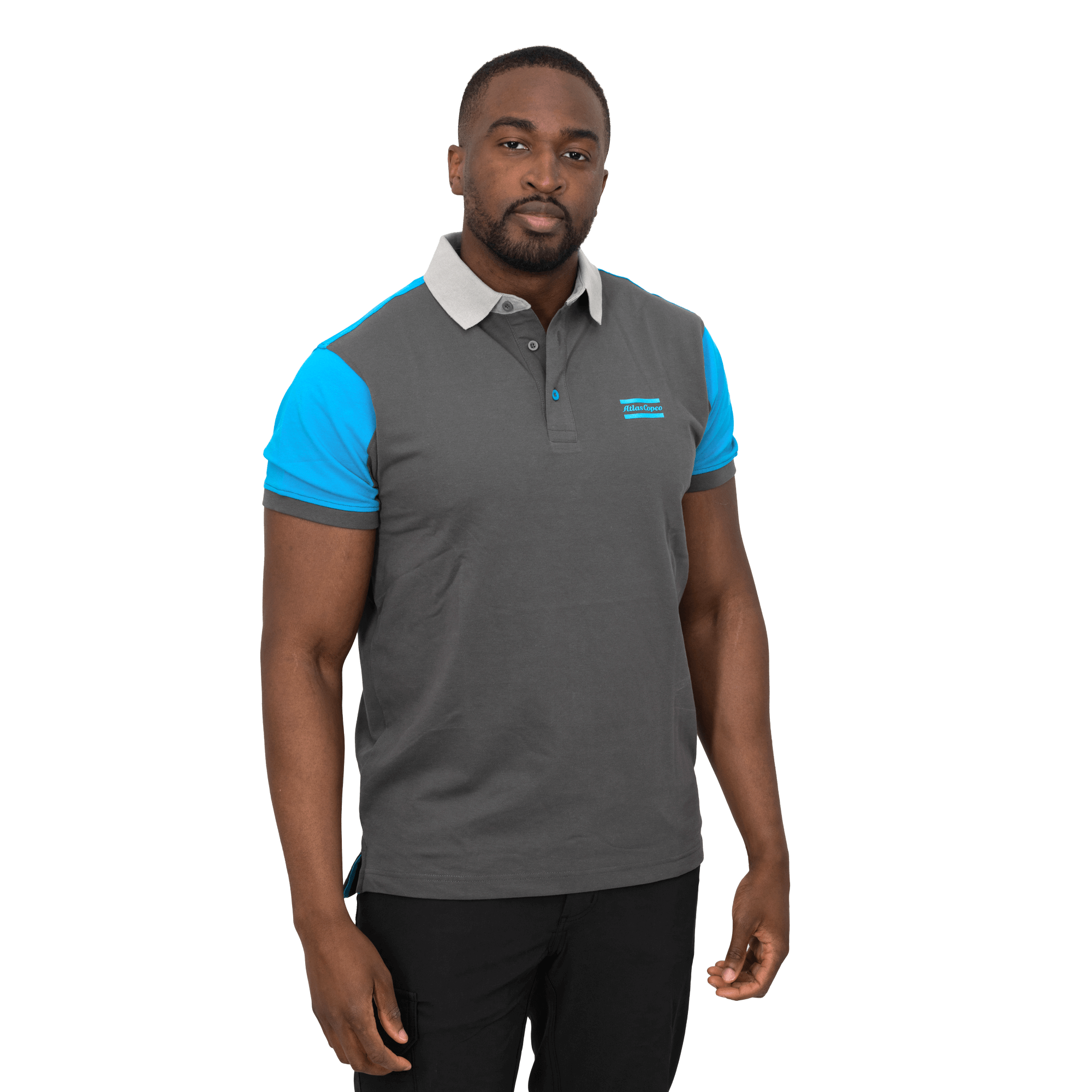 grey polo with blue shoulders and atlas copco logo