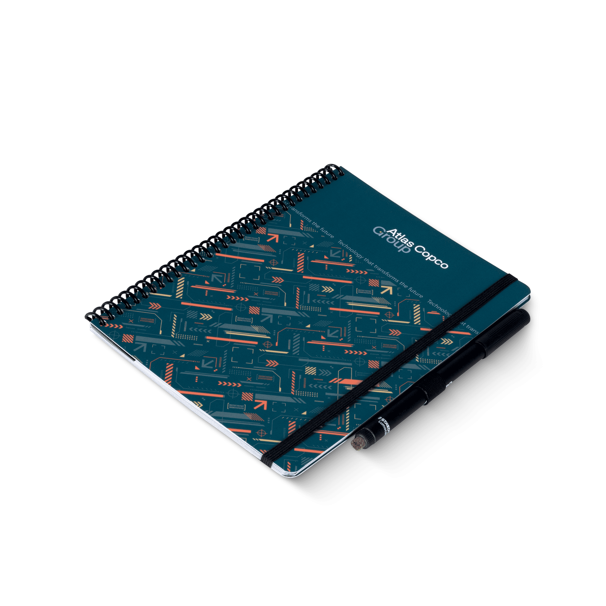 erasable notebook with atlas copco group logo and pattern