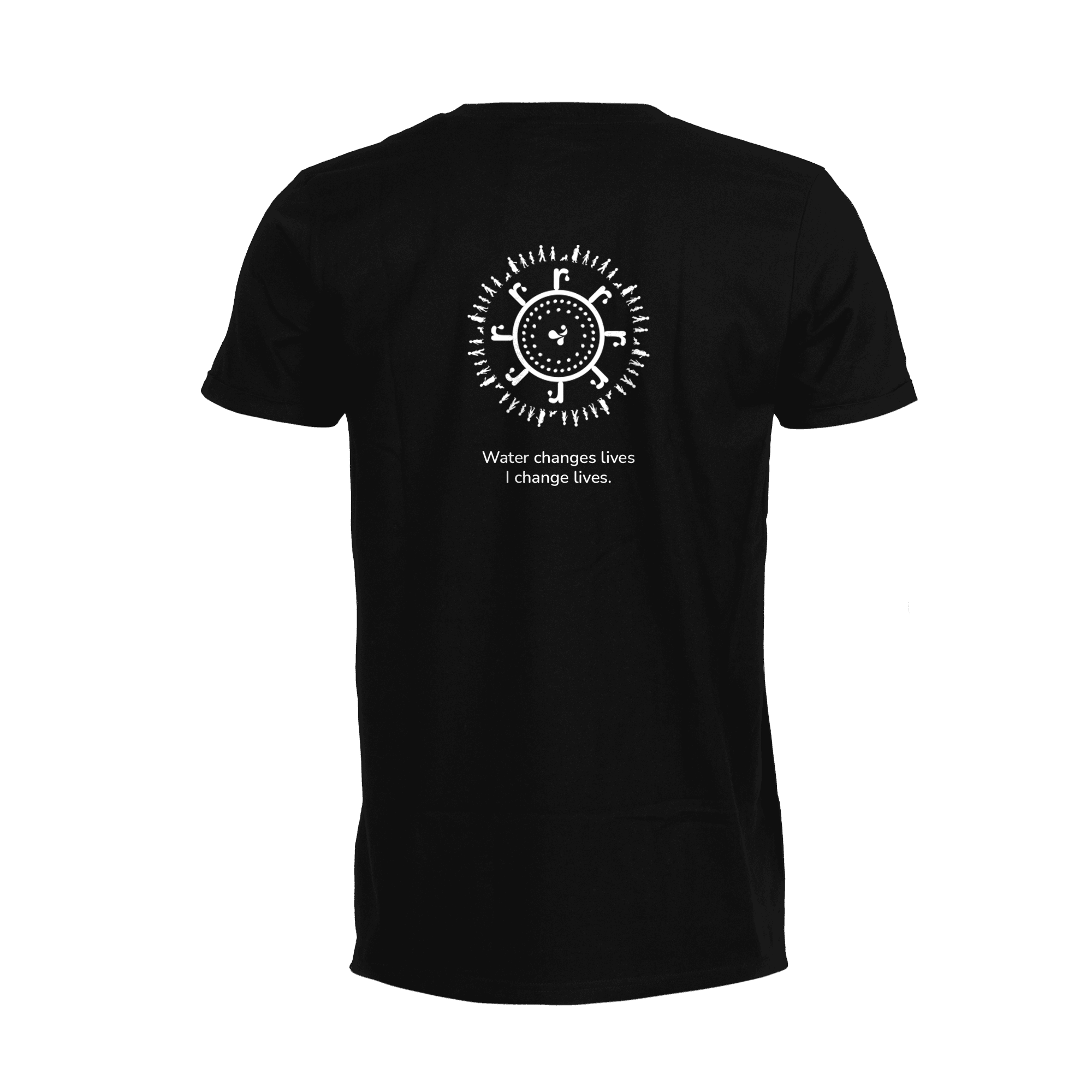 black t-shirt with water for all logo in white from back