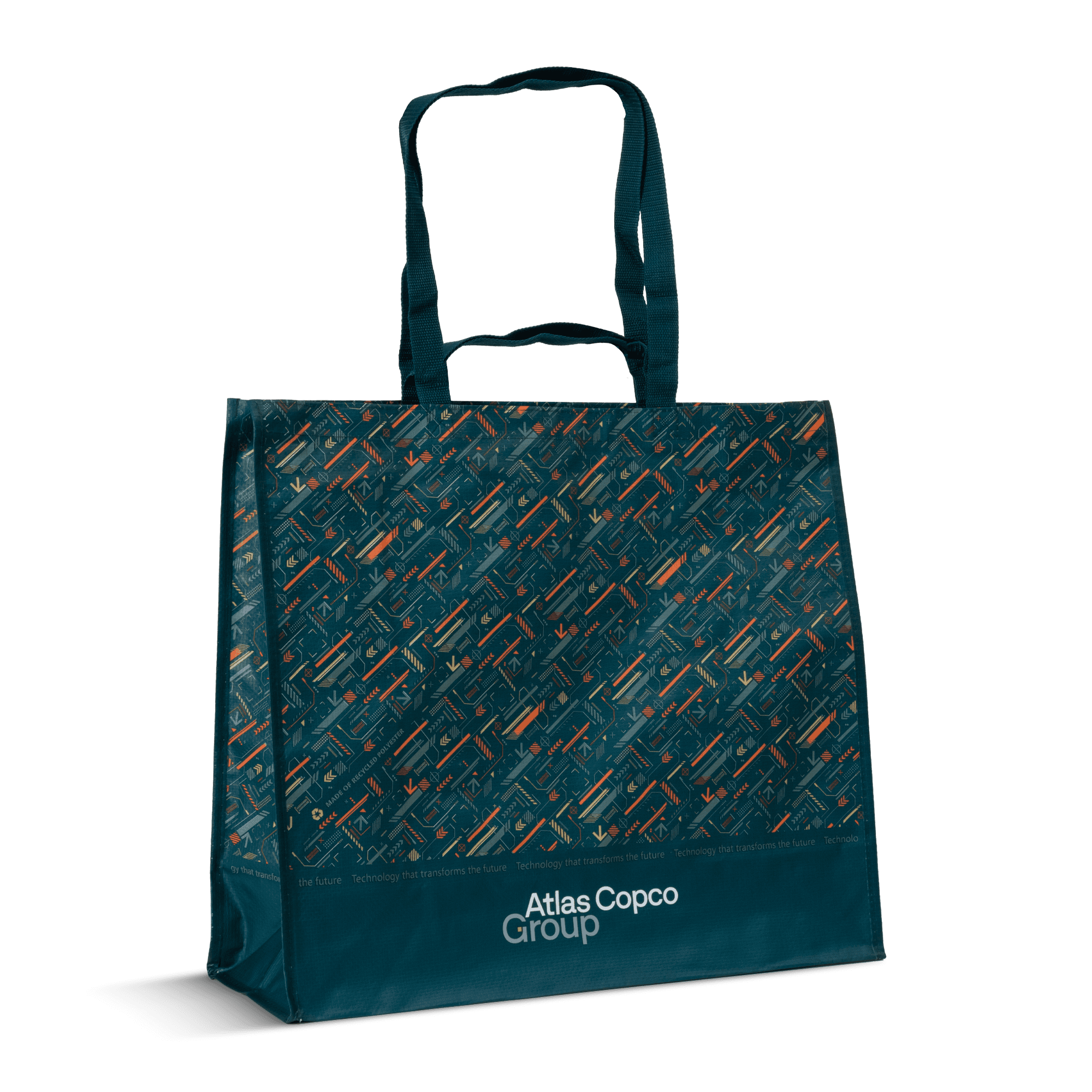 large shopping bag with atlas copco group logo and pattern